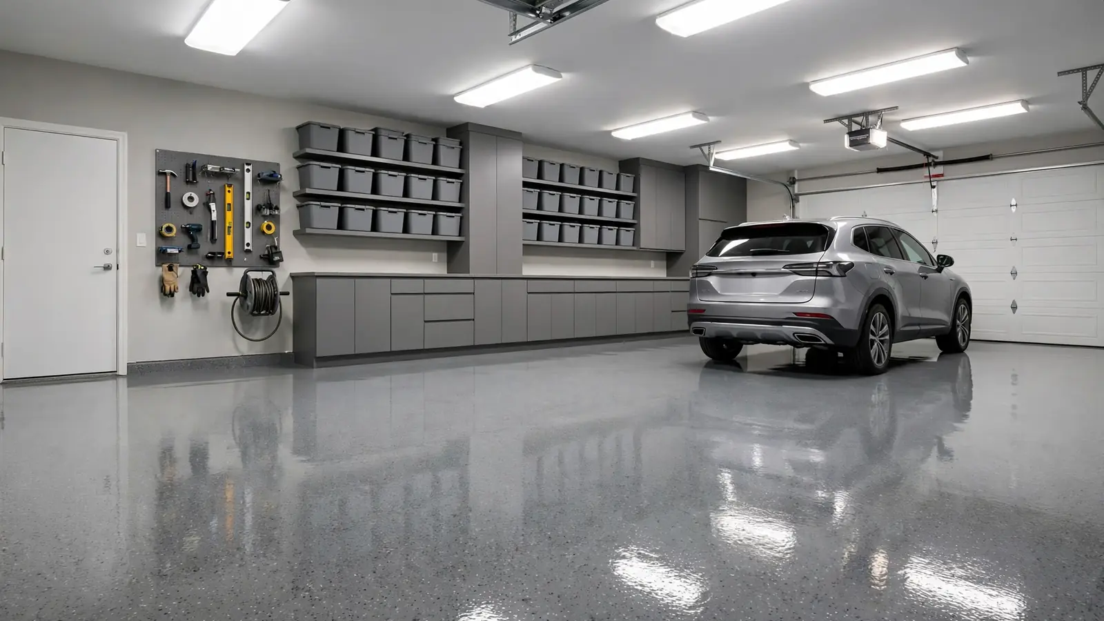 Residential garage with glossy gray flake epoxy floor coating in Dallas-Fort Worth